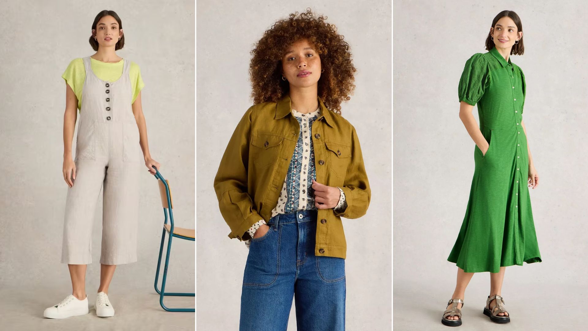 Three models wear different items of clothing from White Stuff