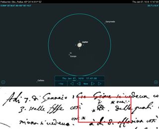 To see what Galileo saw through his small telescope when he first aimed it at Jupiter, manually set your app to an hour after sunset on Jan. 7, 1610, in Padua, Italy (now known as Padova in some apps). In the excerpt from his notebook shown at the bottom, a red box surrounds the sketch he made. The blue circle represents the field of view through his eyepiece, requiring him to scan around to see the small "stars" we now know are Jupiter's four largest moons. The word Giove is Latin for Jupiter.