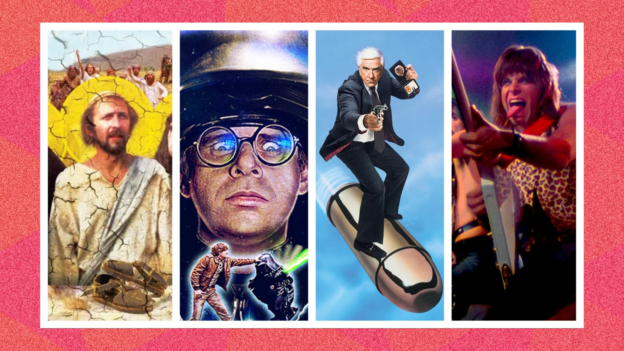 A selection of stills from spoof movies including The Life of Brian, Spaceballs, The Naked Gun and This Is Spinal Tap