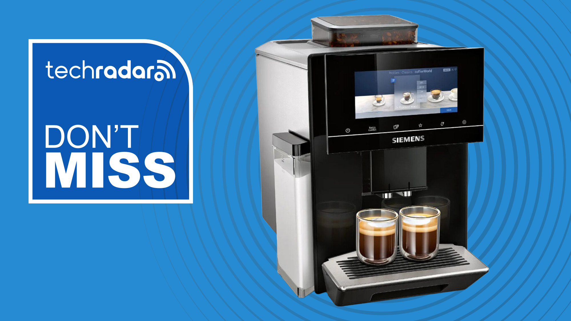 Siemens coffee maker on blue background with text &#039;TechRadar don&#039;t miss&#039;