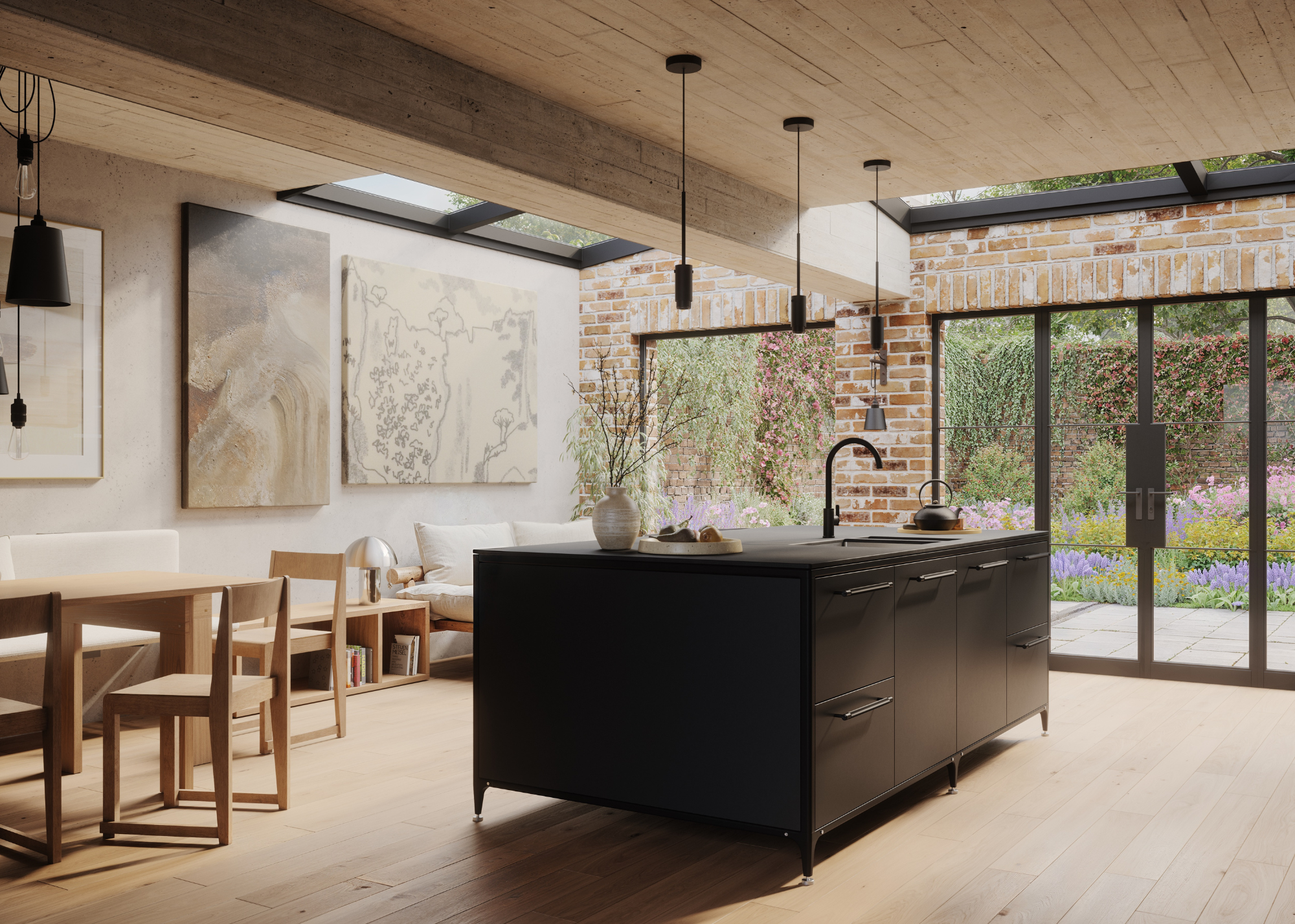 A large modern black kitchen island in an open plan space featuring raw materials such as brick and wood, large wall art and sleek lighting
