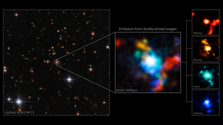 A Hubble Space Telescope image on the left shows the region scientists studied; on the right, data from the James Webb Space Telescope shows where material is moving toward Earth (blue) and away (red).