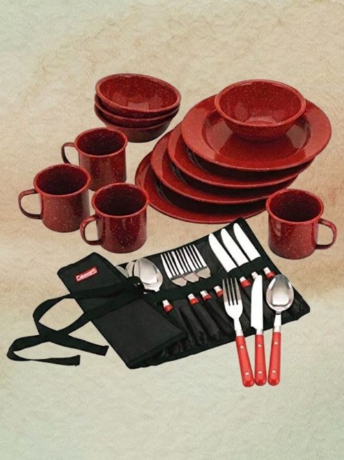 24-Piece Enamel Dinnerware Set for Outdoor Dining