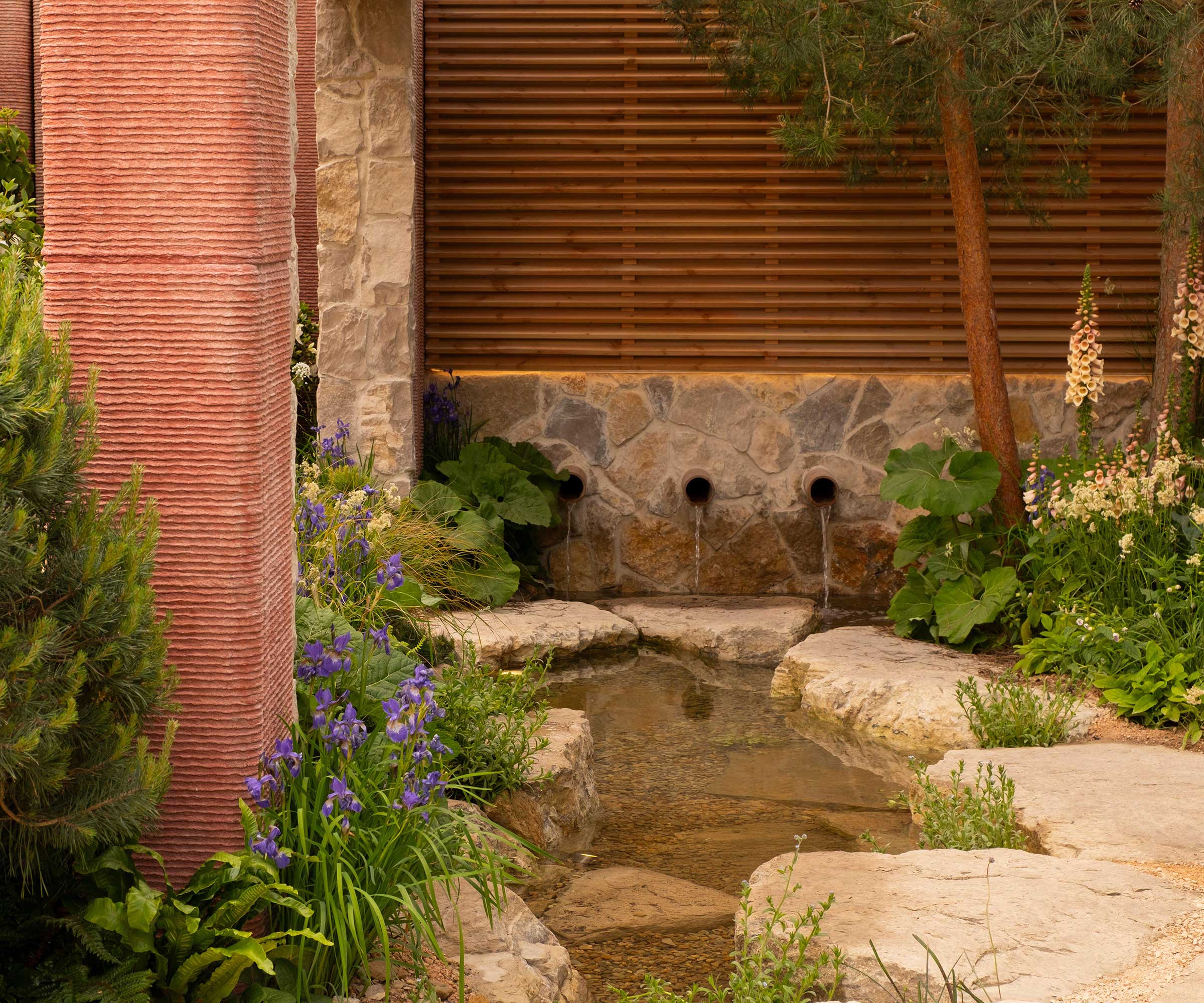 water feature in the Killik & Co 'Save for a Rainy Day' Garden designed by Baz Grainger at the RHS Chelsea Flower Show 2025