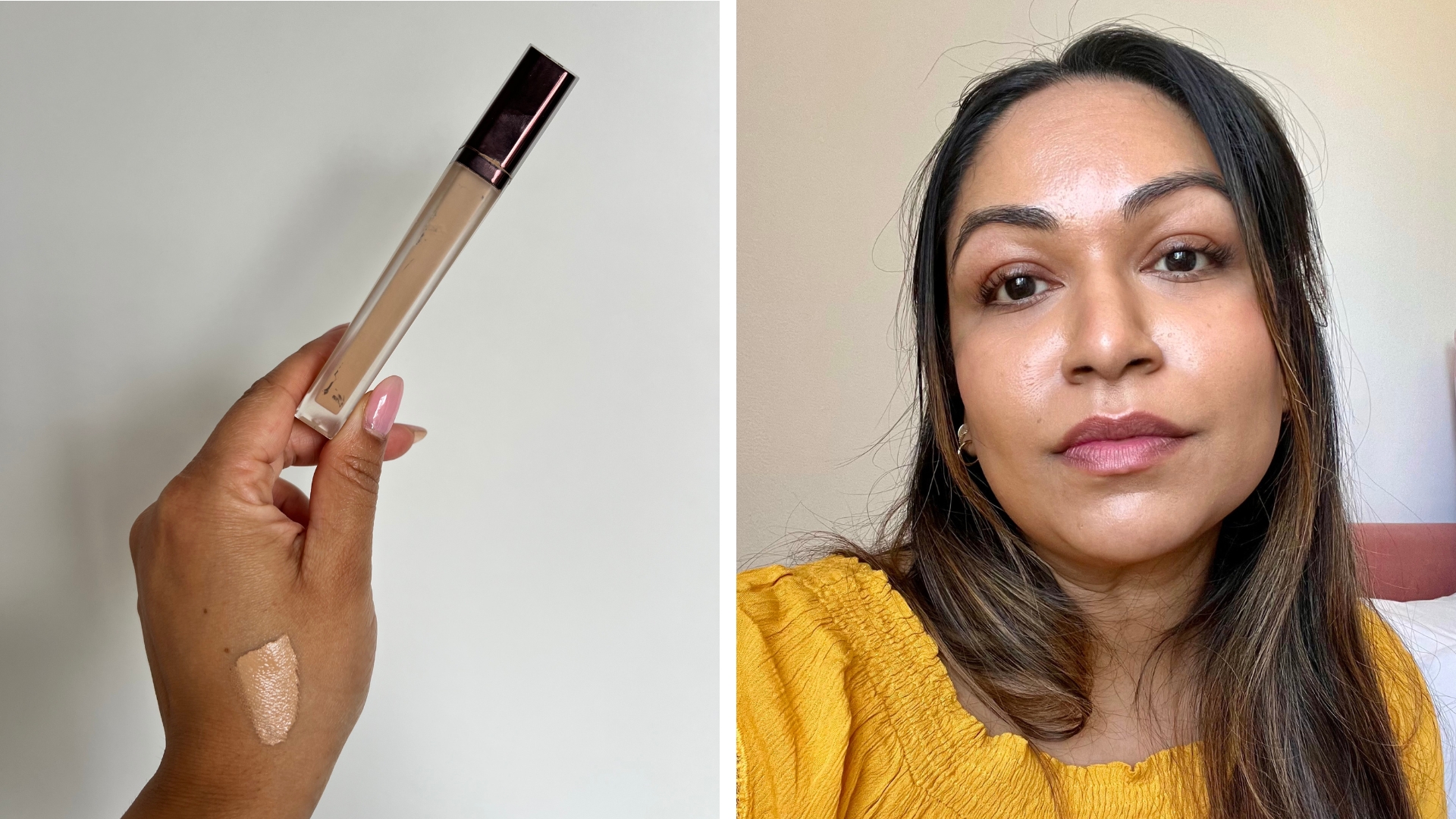 On the left is a close-up of Digital Beauty Ecom Editor, Aleesha Badkar&#039;s hand, seen holding the Hourglass Vanish Airbrush Concealer with a swatch of the product also visible on her hand. And on the right is a picture of Aleesha wearing the concealer along with a full face of makeup