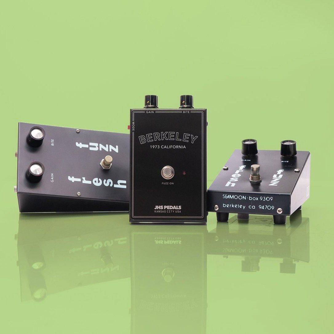 The JHS Berkeley pedal, surrounded by two examples of the pedal it's based on