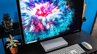Microsoft Surface Studio 2 on a desk in our office