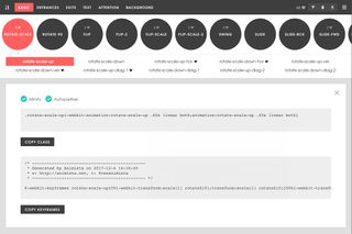 The animation code panel reveals the code for the currently active animation