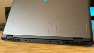 Close up on rear ports of Alienware M16 R2 gaming laptop