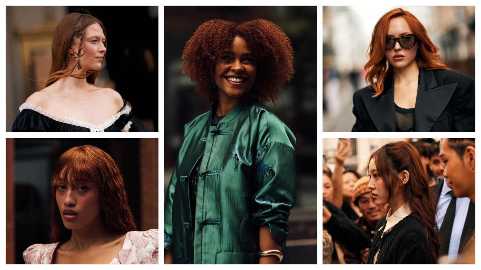 a collage of five women with auburn red hair wearing stylish outfits and jewelry