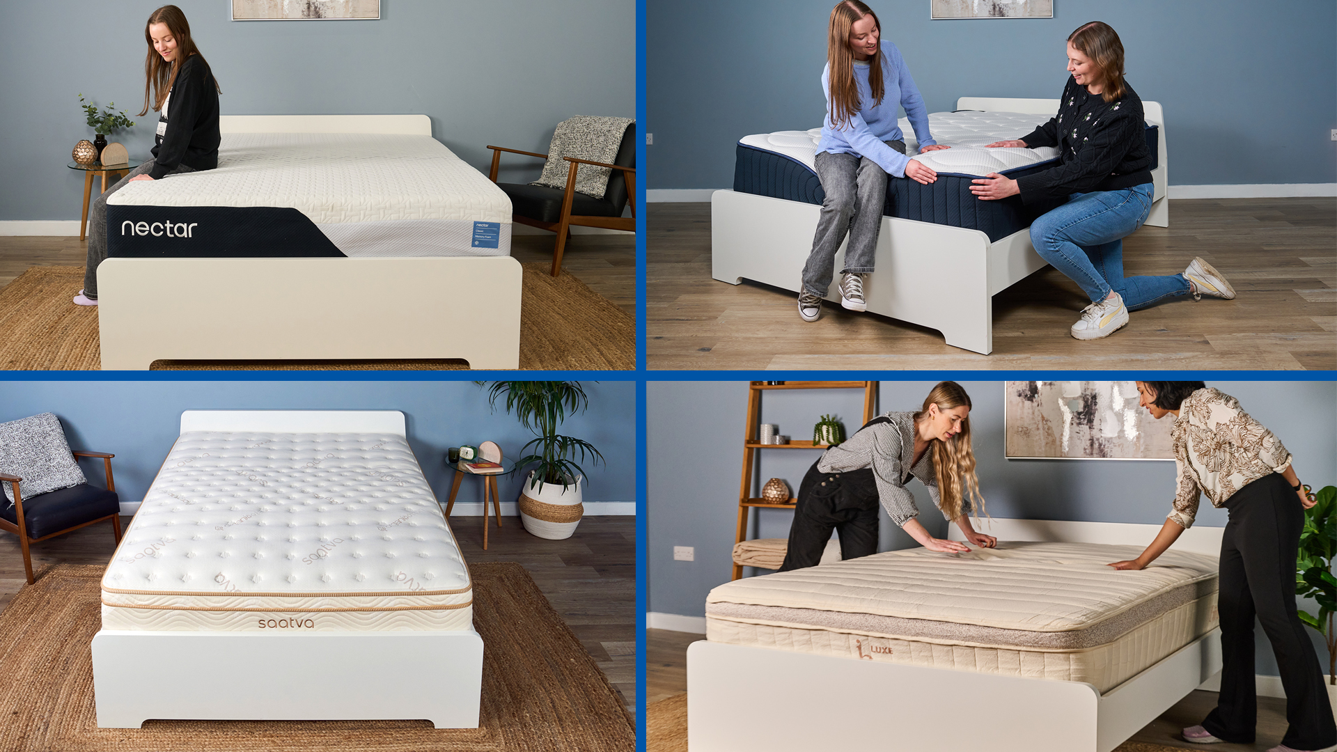 A collage of mattresses and testers. In the top left, a woman sits on the edge of the Nectar Memory Foam Mattress. Top right, two women inspect the DreamCloud Hybrid mattress. Bottom right, two women inspect the Birch Latex mattress. Bottom left, the Saatva Classic Innerspring mattress