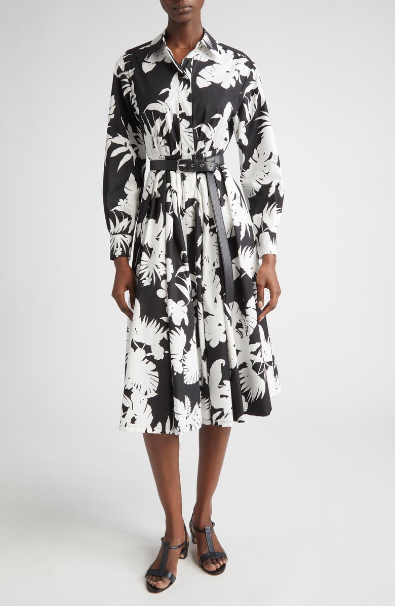 Floral Silhouette Print Long Sleeve Cotton Poplin Midi Shirtdress