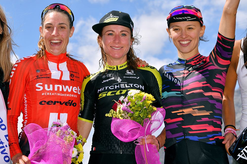 Annemiek van Vleuten (Mitchelton-Scott) wins stage 5 at the Giro Rosa, Lucinda Brand (Sunweb) second and Kasia Niewiadoma (Canyon-SRAM)