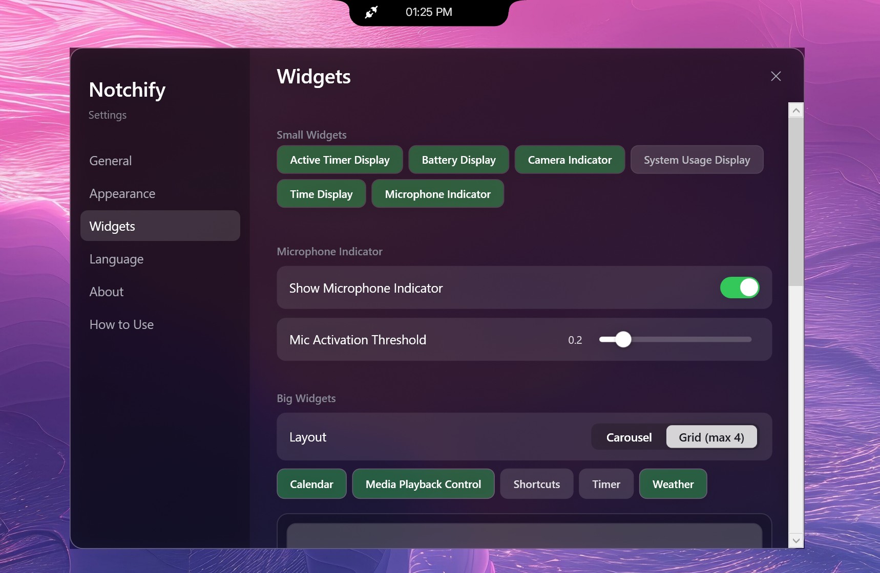 The Notchify settings menu showing the Widgets page with options to customize small and big widgets like battery, microphone indicator, and media controls.