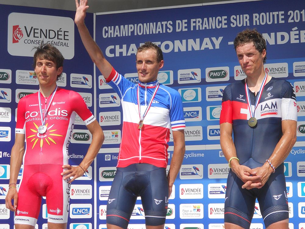 Jerome Coppel (Fra) IAM Cycling puts on the French champion's jersey