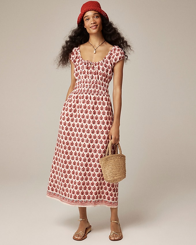 Cap-Sleeve Midi Dress in Block Print Linen