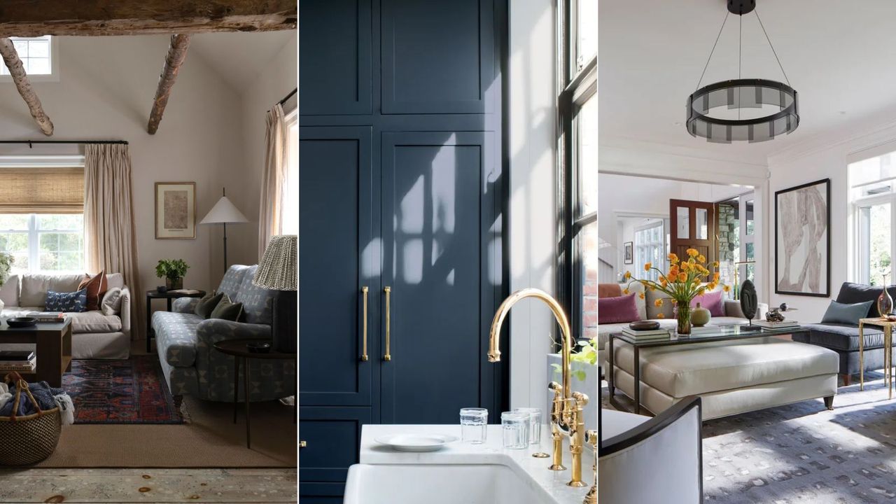 neutral cottage living room, navy kitchen cabinets next to sink, modern white living room