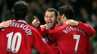 Ruud van Nistelrooy, Ryan Giggs and Cristiano Ronaldo celebrate a Wayne Rooney goal for Manchester United against Porstmouth in February 2005.