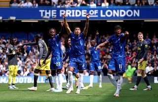 LONDON, ENGLAND - APRIL 26: Trevoh Chalobah, Levi Colwill and Noni Madueke of Chelsea react during the Premier League match between Chelsea FC and Everton FC at Stamford Bridge on April 26, 2025 in London, England. (Photo by Warren Little/Getty Images)