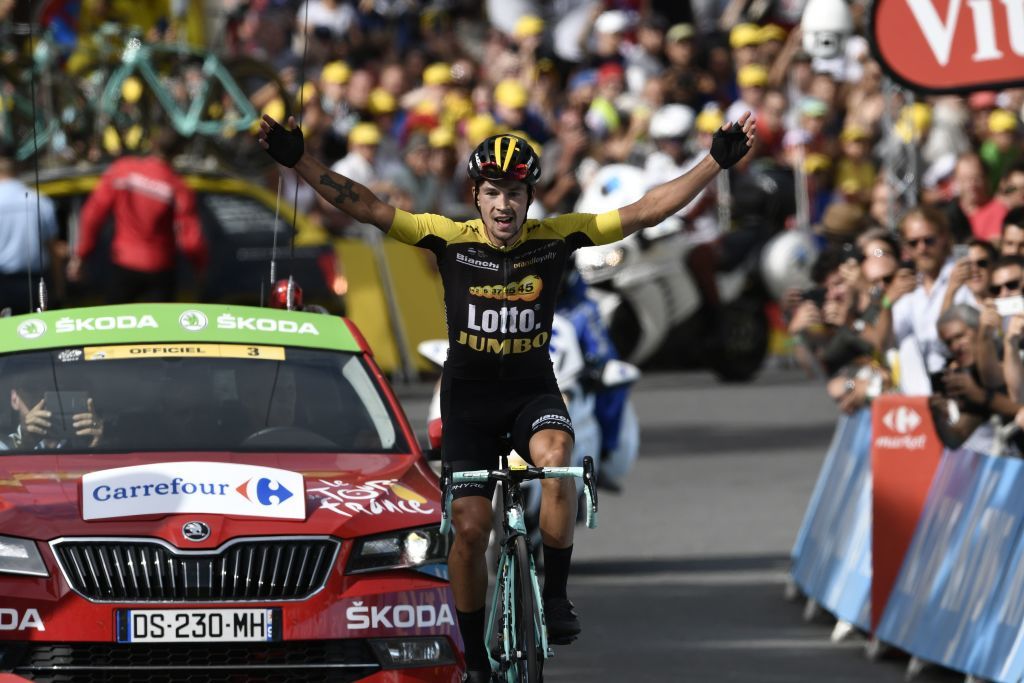 Primoz Roglic celebrates a Tour de France stage victory.