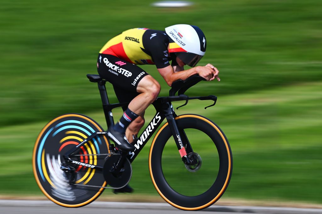 ABTWILL SWITZERLAND JUNE 18 Remco Evenepoel of Belgium and Team Soudal QuickStep sprints during the 86th Tour de Suisse 2023 Stage 8 a 257km individual time trial from St Gallen to Abtwil UCIWT on June 18 2023 in Abtwil Switzerland Photo by Dario BelingheriGetty Images