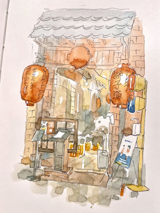 Artist sketchbook tips; watercolour art of a Chinese store