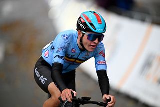 18-year-old Belgian talent Jarno Widar in action at the U23 men&#039;s road race at the 2024 UCI Road World Championships in Switzerland