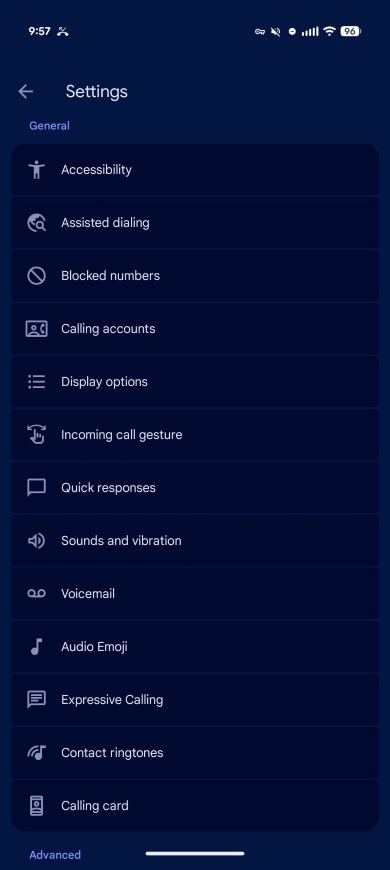 expressive calling settings page in the Google Phone app