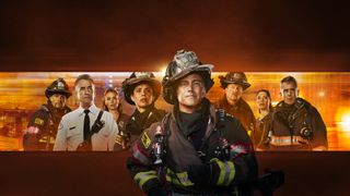Chicago Fire season 14 key art. The cast are wearing different emergency service uniforms against an orange background.