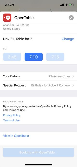 iOS 12 Siri reserve opentable