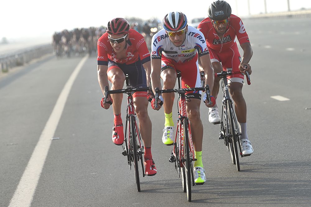 Maxim Belkov (Katusha), Will Clarke (Drapac) and Rafaa Chitoui (Skydive Dubai) on the attack