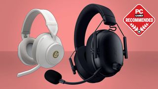 The PowerA LucidSound LS500 and Razer BlackShark V3 wireless gaming headsets float in a red gradient void. The PC Gamer recommended badge sits in the top righ corner.