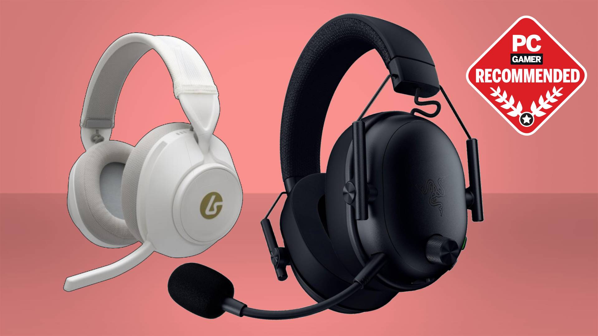 The PowerA LucidSound LS500 and Razer BlackShark V3 wireless gaming headsets float in a red gradient void. The PC Gamer recommended badge sits in the top righ corner.