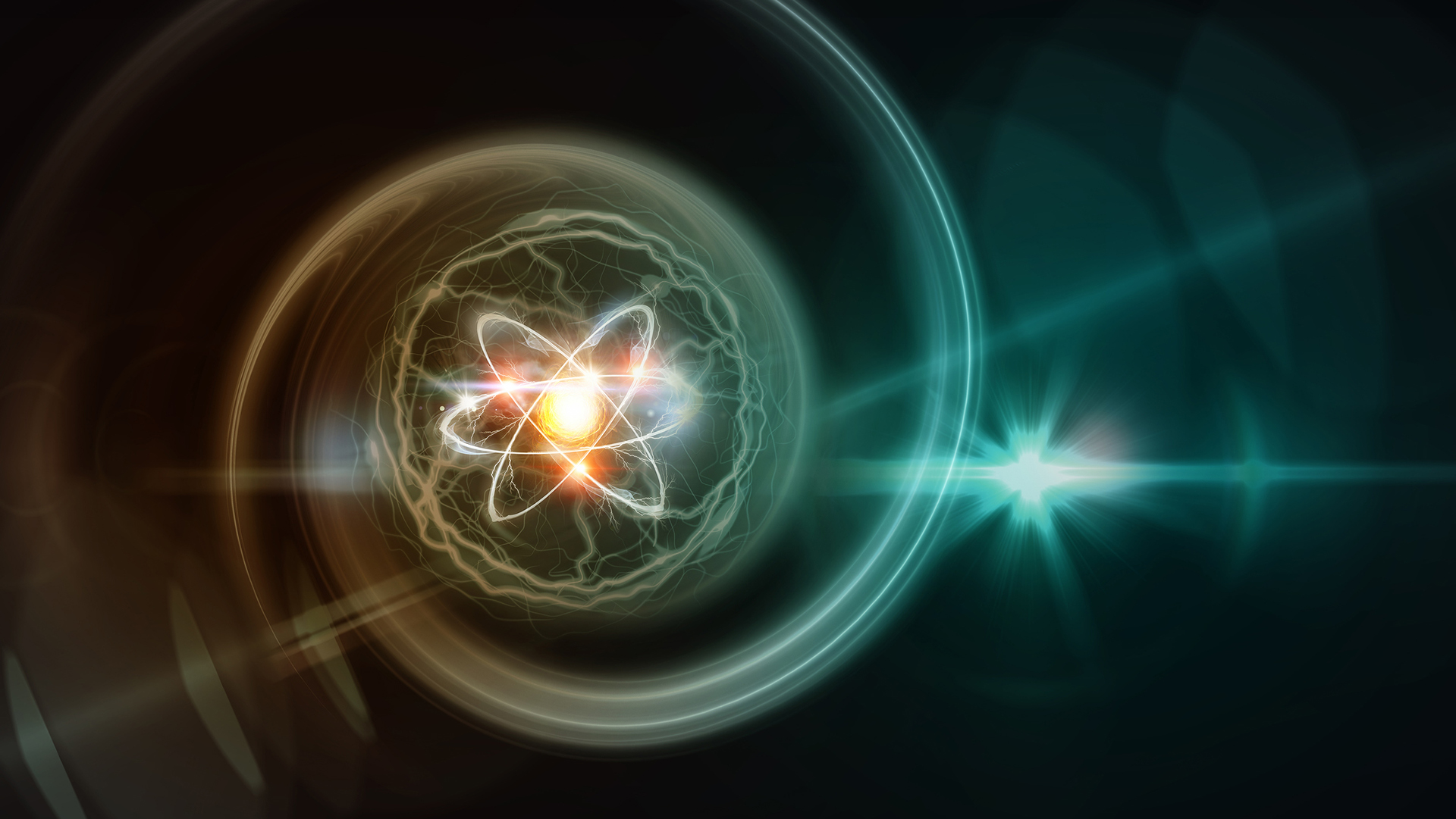 A close-up render of an atom being orbited by an electron, to represent nuclear power and small modular reactors (SMR).