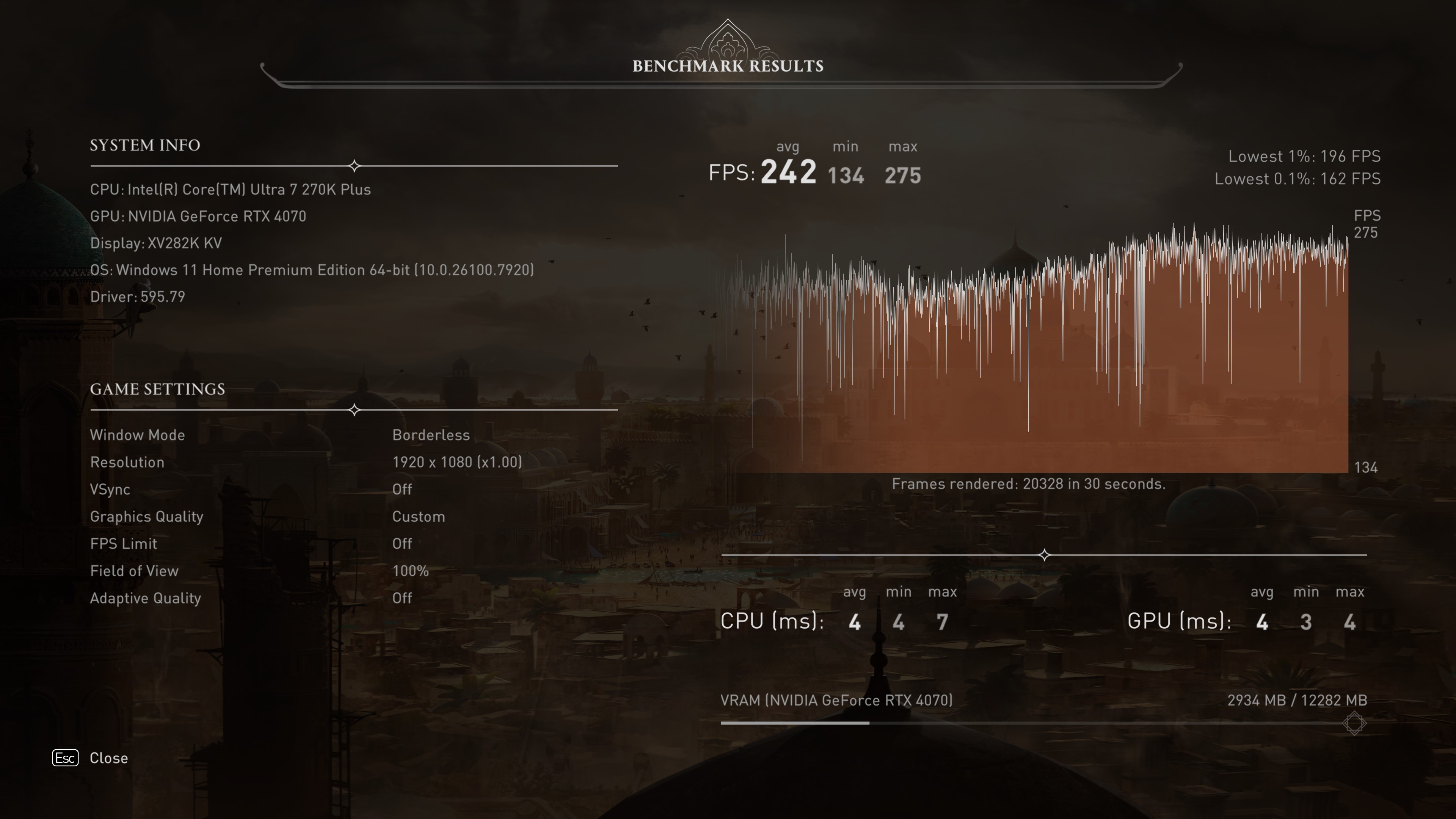 A screenshot of the built-in benchmark results from Assassin's Creed Mirage, showing the impact of not using Intel APO and BOT at 1080p Low, with DLSS Ultra Performance