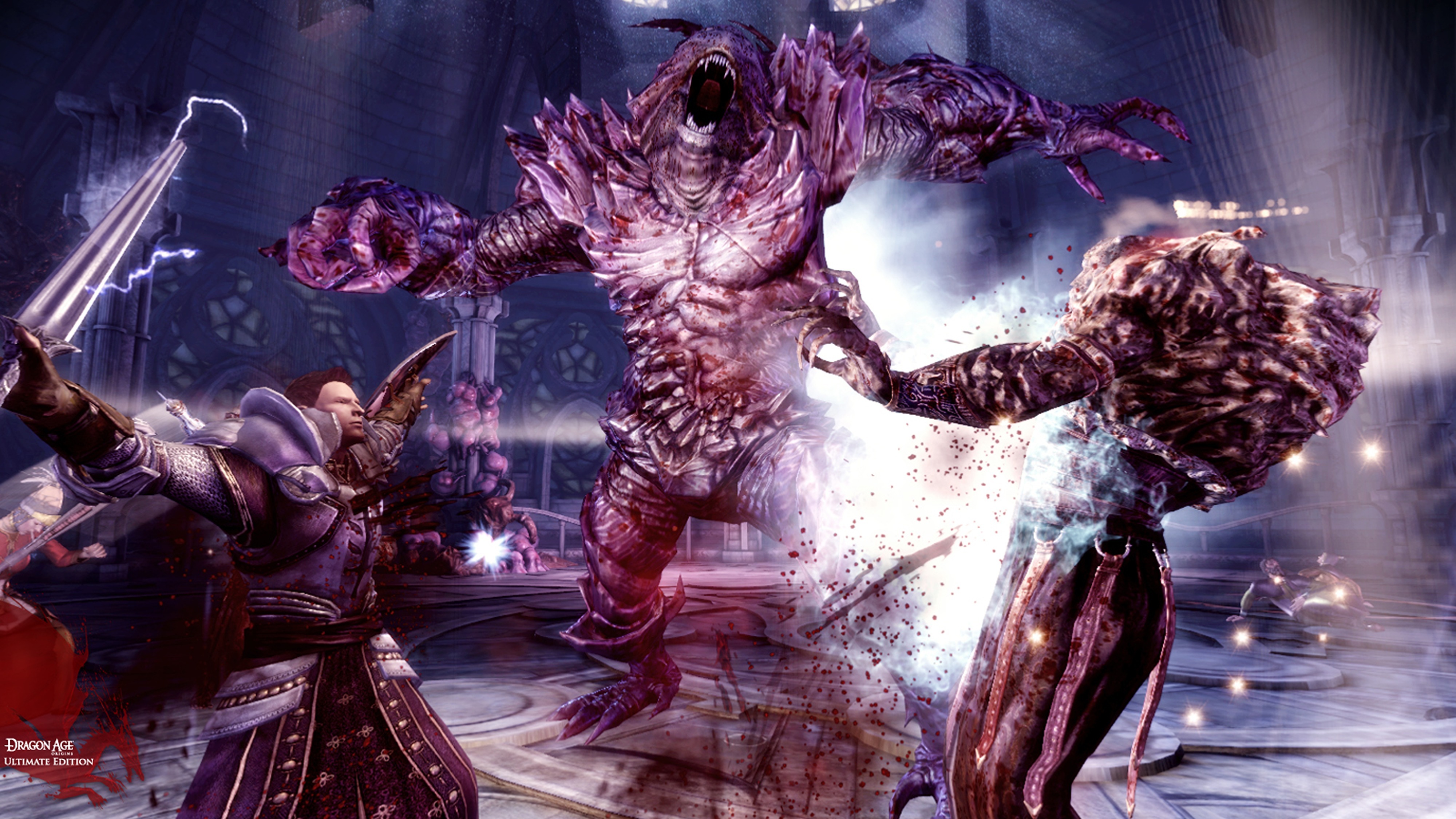 A screenshot showing a heavily armored man attacking a tall enemy with an even larger enemy running toward them in Dragon Age: Origins - Ultimate Edition. 