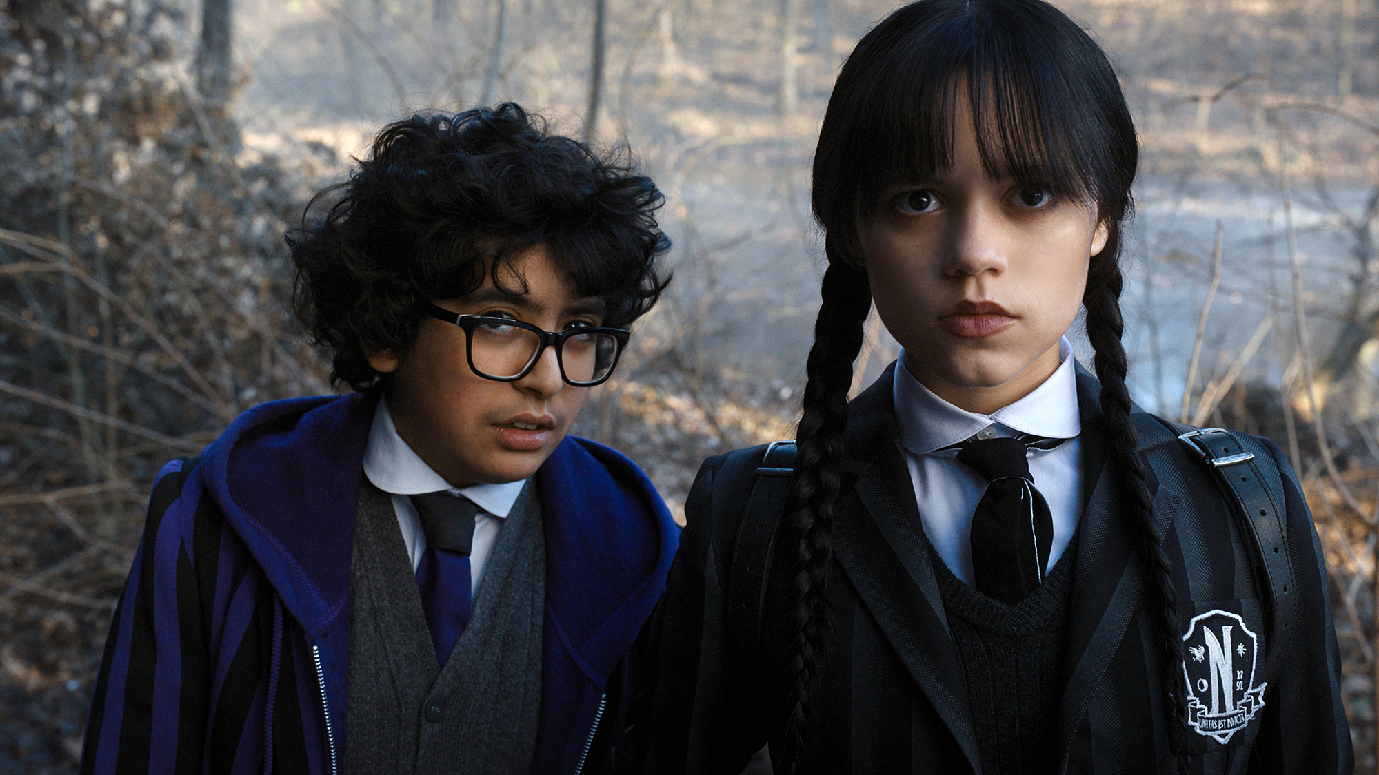 (L to R) Musa Mustafa as Eugene Oettinger and Gina Ortega as Wednesday Addams on Wednesday 104th episode.