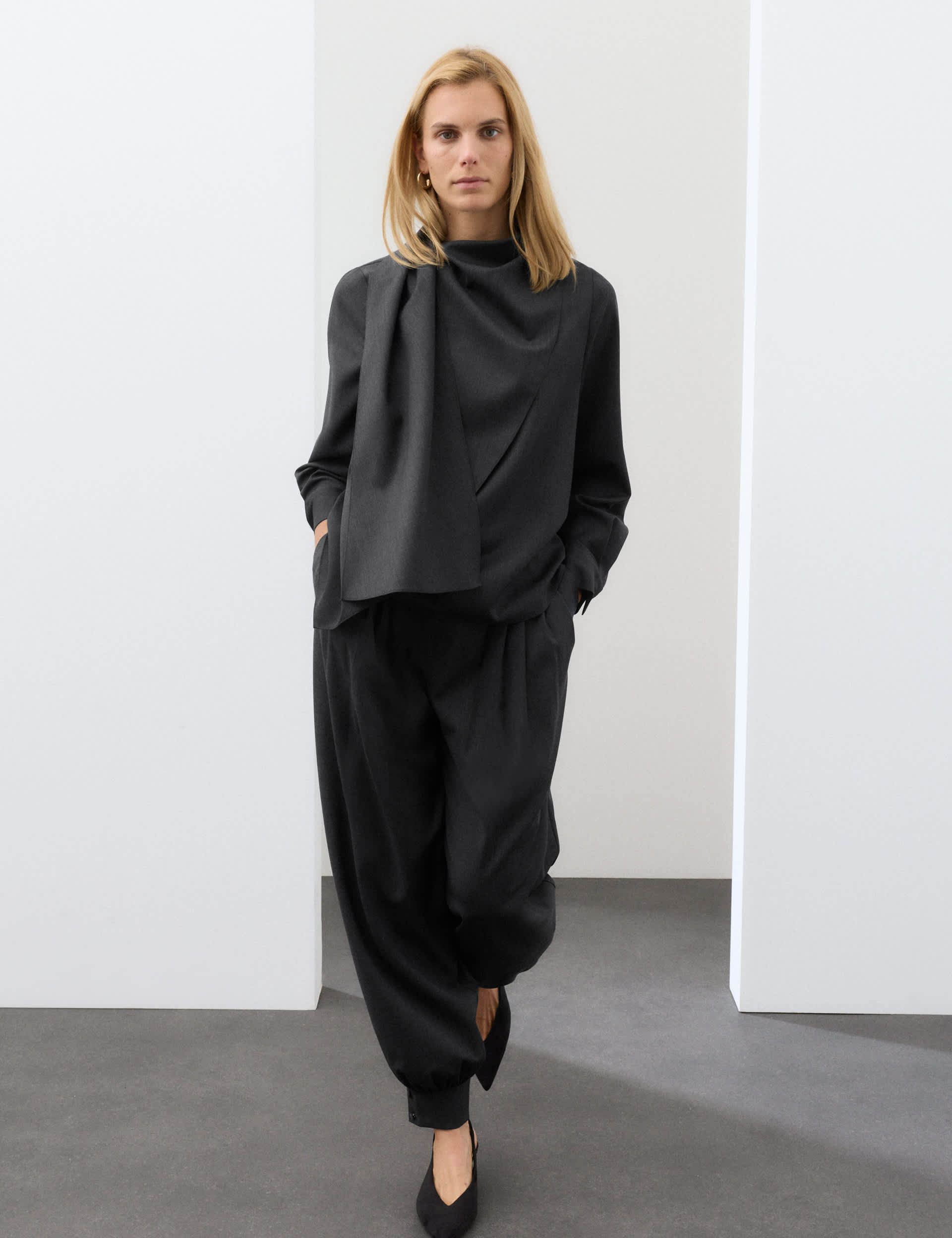 Wool Blend Draped Scarf Neck Blouse