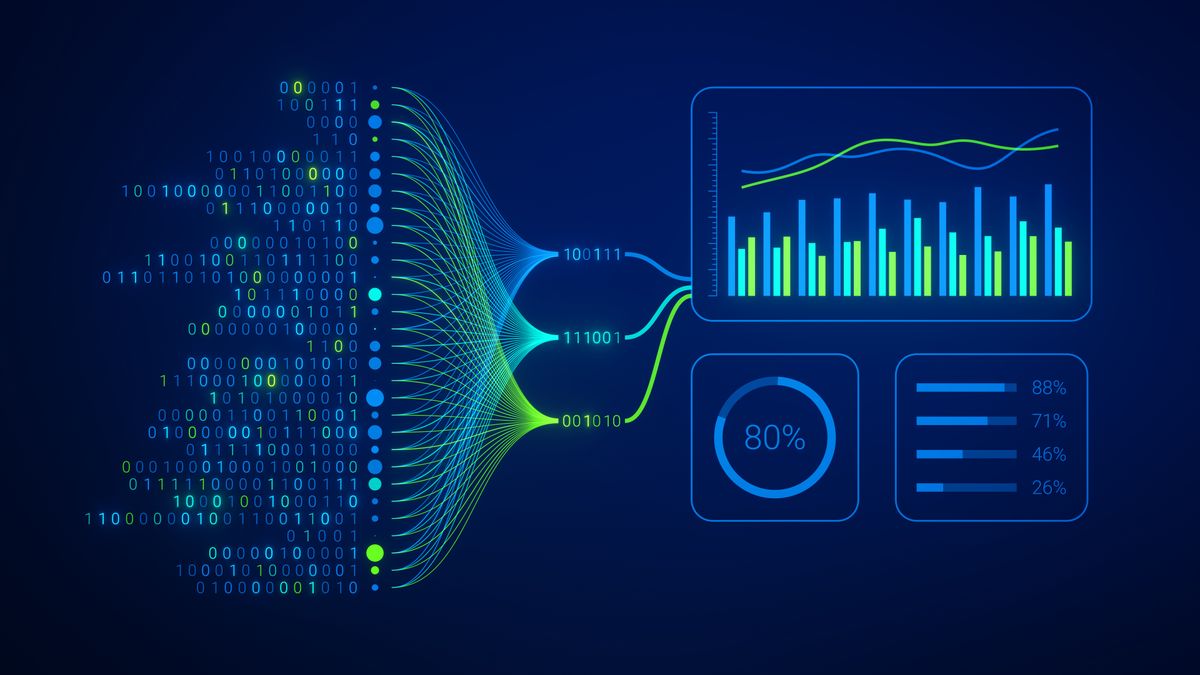 IT automation concept art showing data flows between different servers and platforms