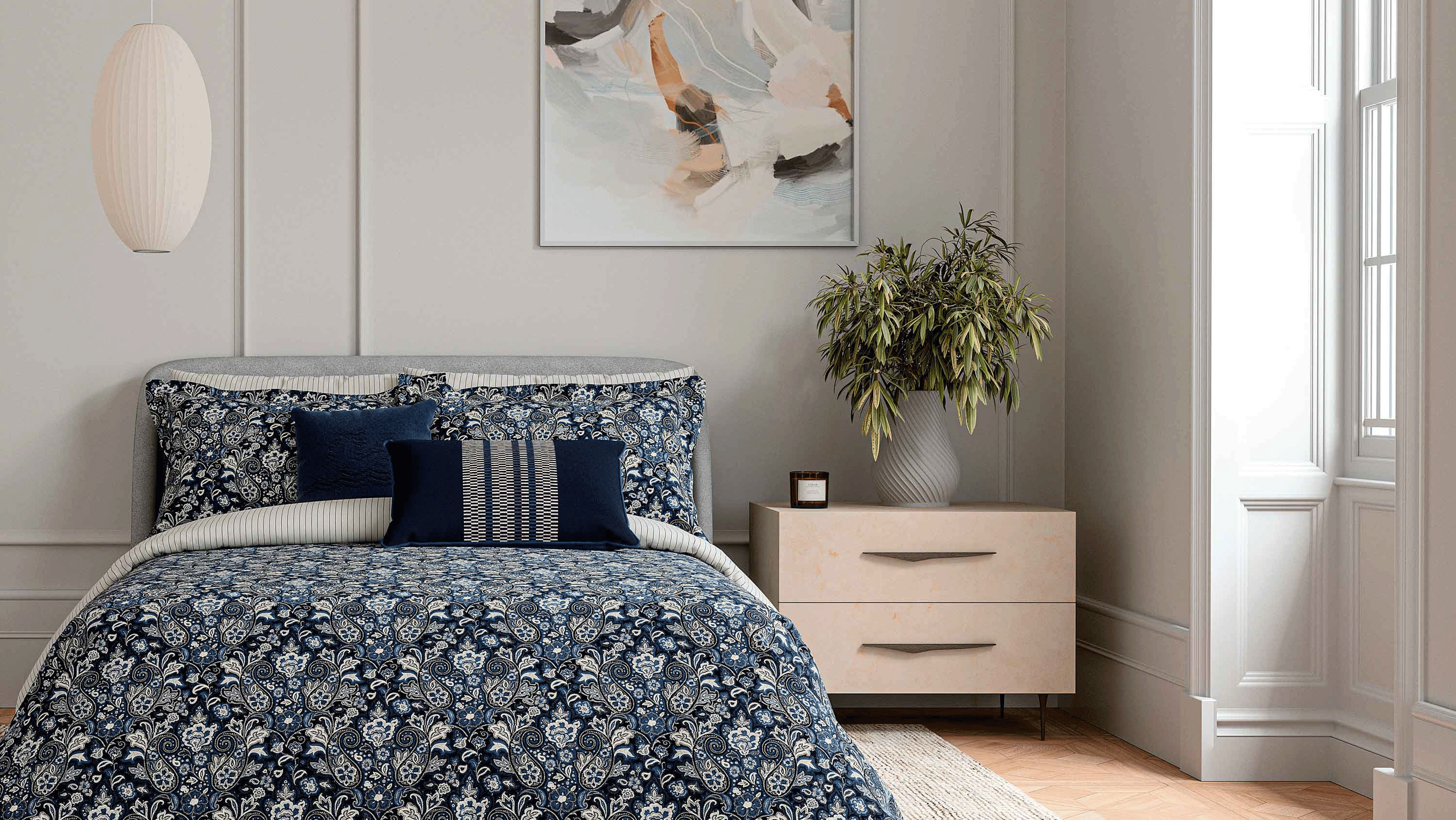 Blue bedding in large bedroom