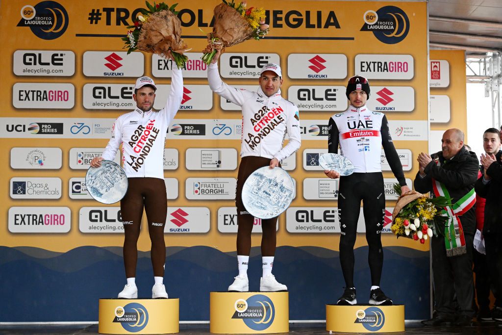 LAIGUEGLIA ITALY MARCH 01 LR Andrea Vendrame of Italy and Ag2R Citroen Team on second place race winner Nans Peters of France and Ag2R Citroen Team and Alessandro Covi of Italy and UAE Team Emirates on third place pose on the podium ceremony after the 60th Trofeo Laigueglia 2023 a 2013km one day race in Laigueglia TrofeoLaigueglia on March 01 2023 in Laigueglia Italy Photo by Dario BelingheriGetty Images