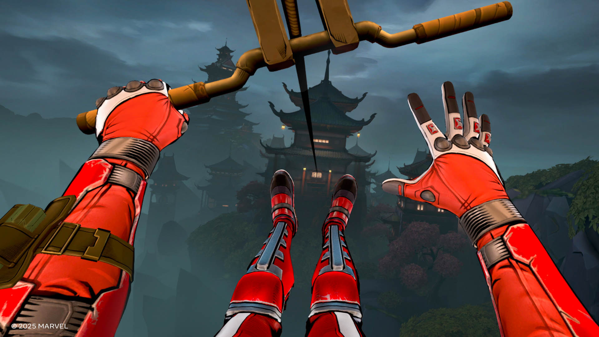 Deadpool ziplines towards a temple in Marvel's Deadpool VR