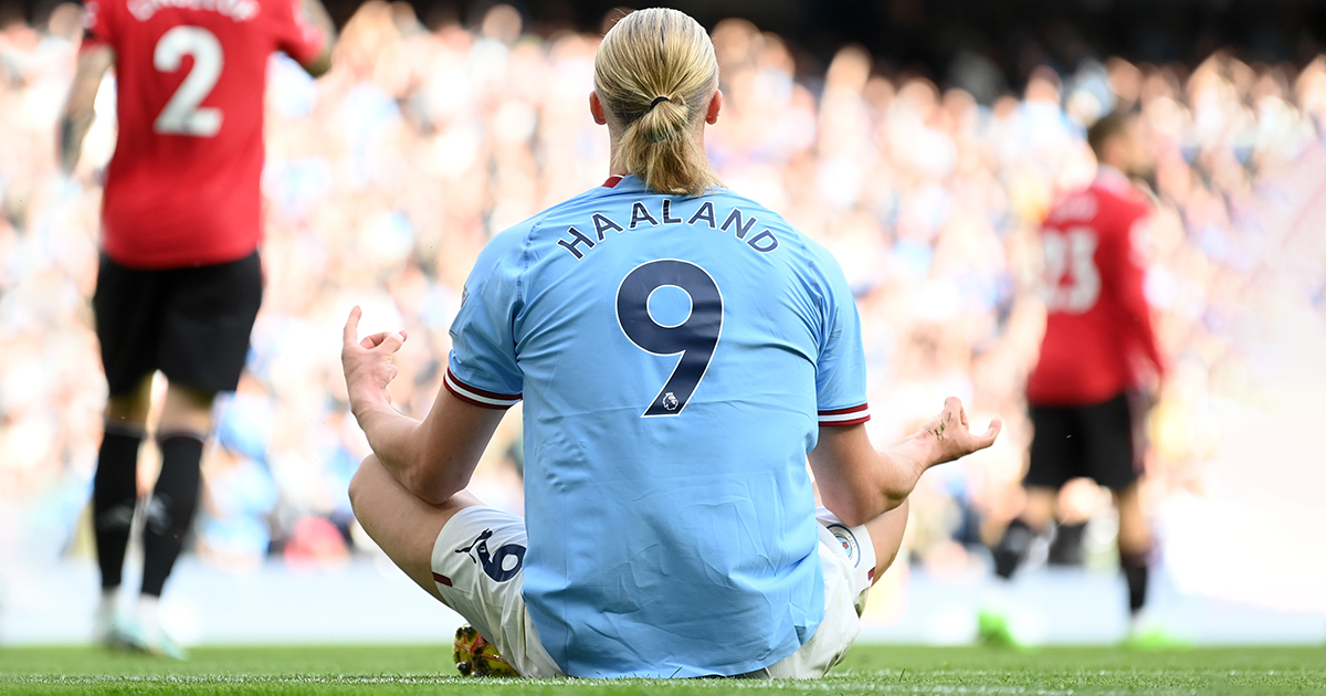 Erling Haaland of Manchester City celebrates their sides fifth goal and their hat trick during the Premier League match between Manchester City and Manchester United at Etihad Stadium on October 02, 2022 in Manchester, England.