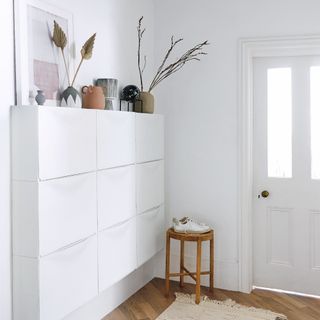 White painted hallway and storage with beige carpet runner