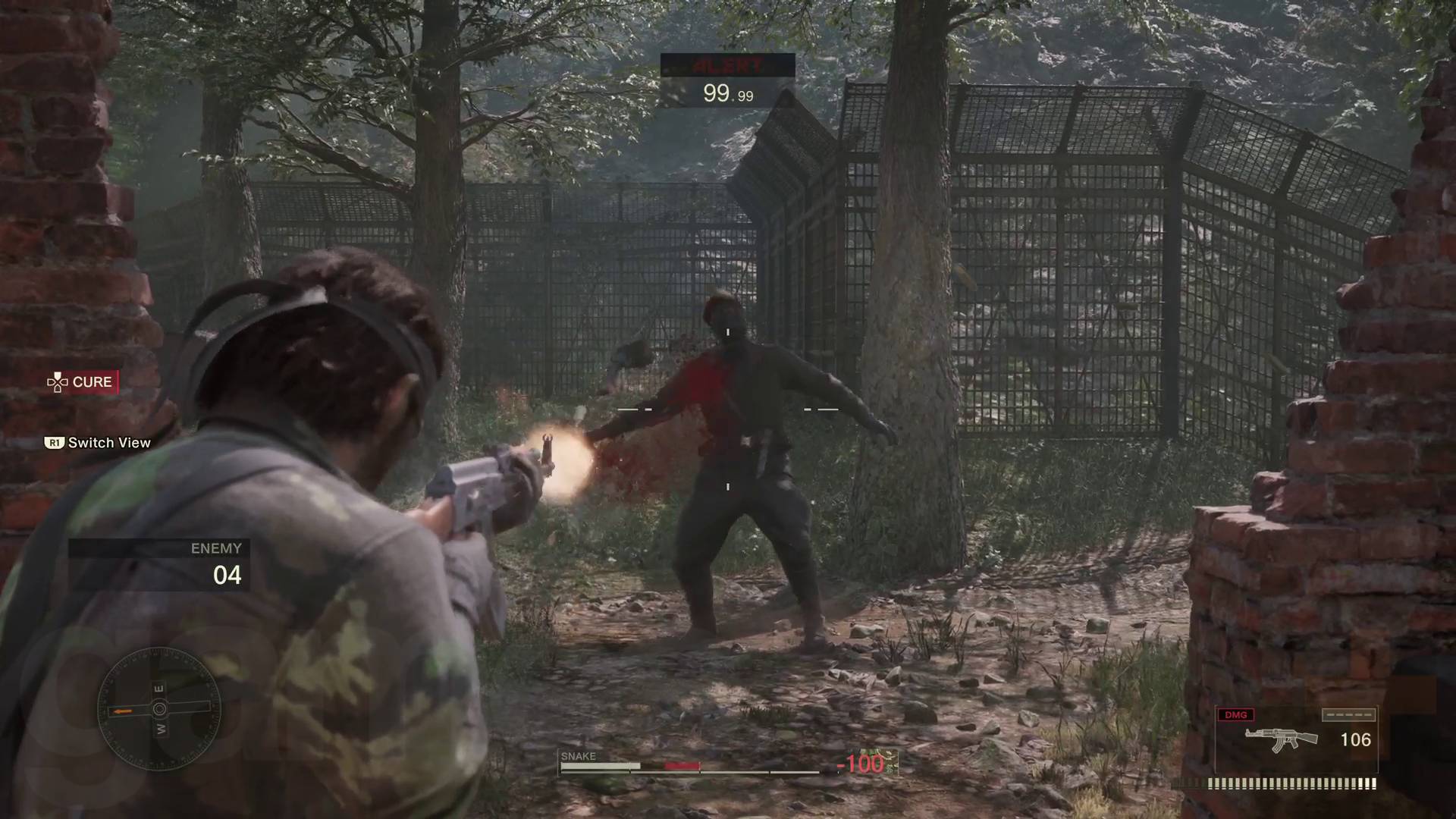 Metal Gear Solid Delta: Snake Eater tips shooting a GRU soldier with an AK, high alert