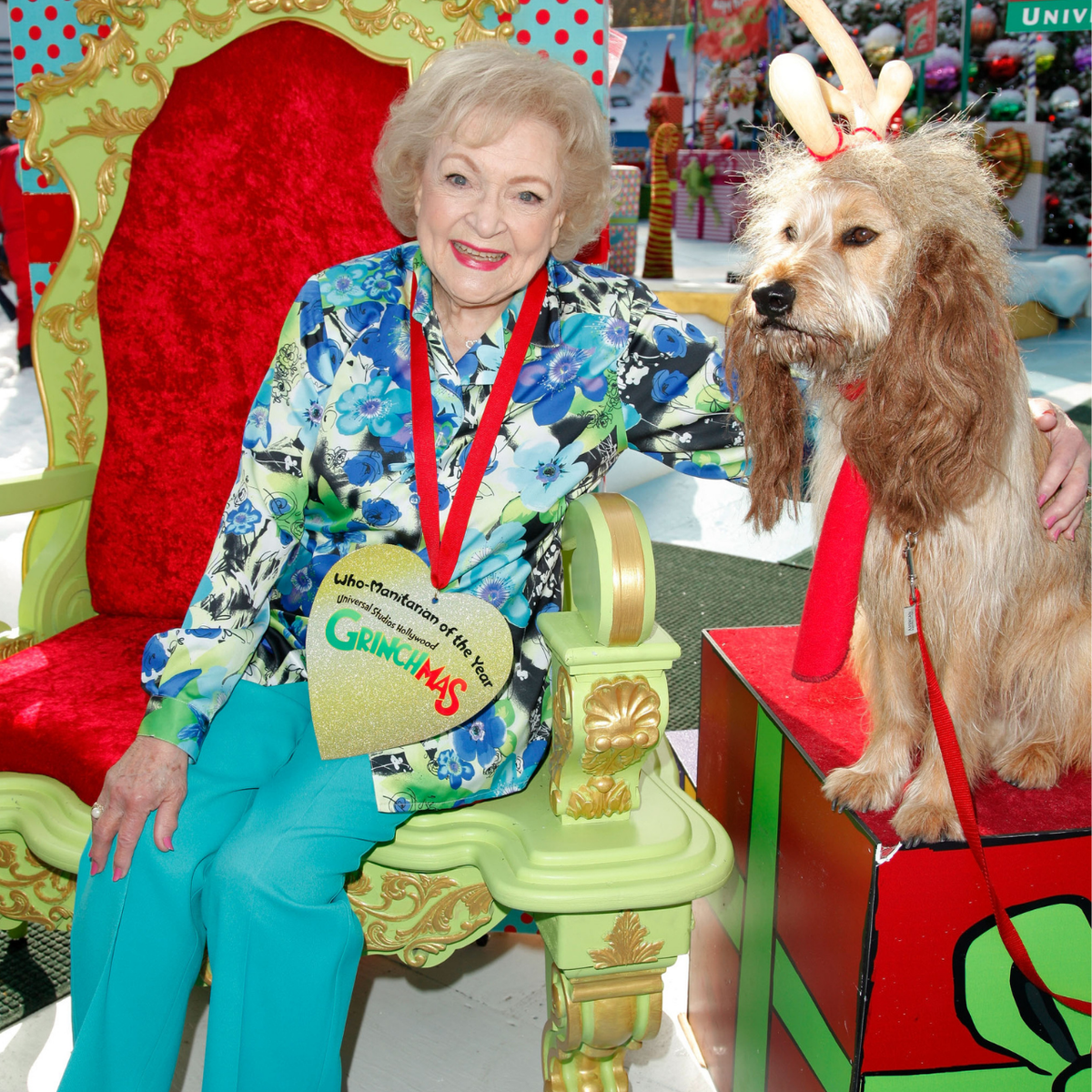 Betty White accepts the "Who-Manitarian" award at Universal Studios Hollywood "Grinchmas"