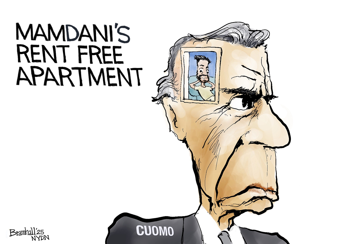 This cartoon is titled “Mamdani’s Rent Free Apartment”. It depicts an angry-looking Andrew Cuomo from the shoulders up. There is a photograph of Zohran Mamdani on Cuomo’s head.