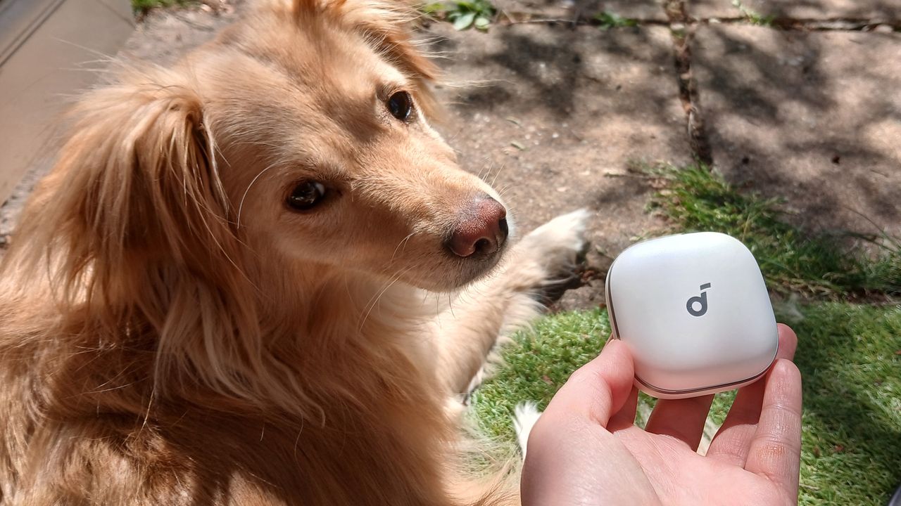 The Soundcore Liberty 5 earbuds outside in the sunlight and held by our reviewer, Katie Wickens.