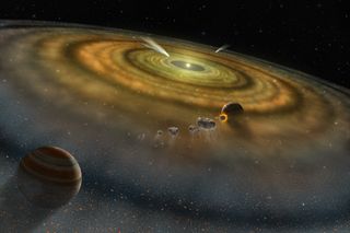 Artist's conception of the dust and gas surrounding a newly formed planetary system.