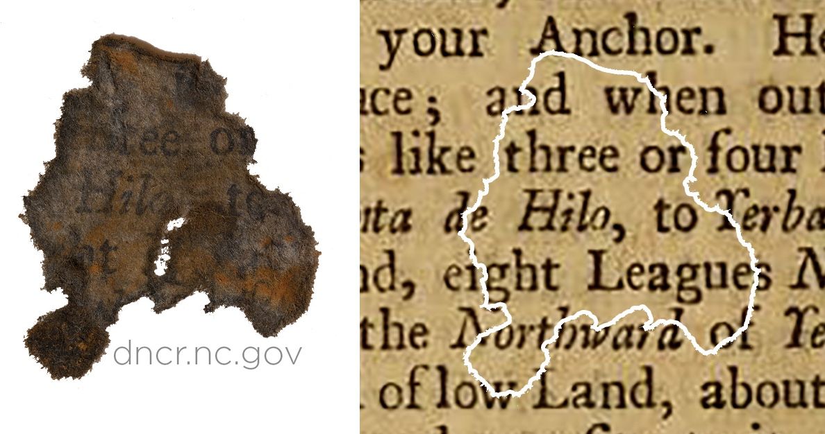 Text of one paper fragment is shown matched to text from a page in Edward Cooke&#039;s 1712 travelogue and adventure tale.